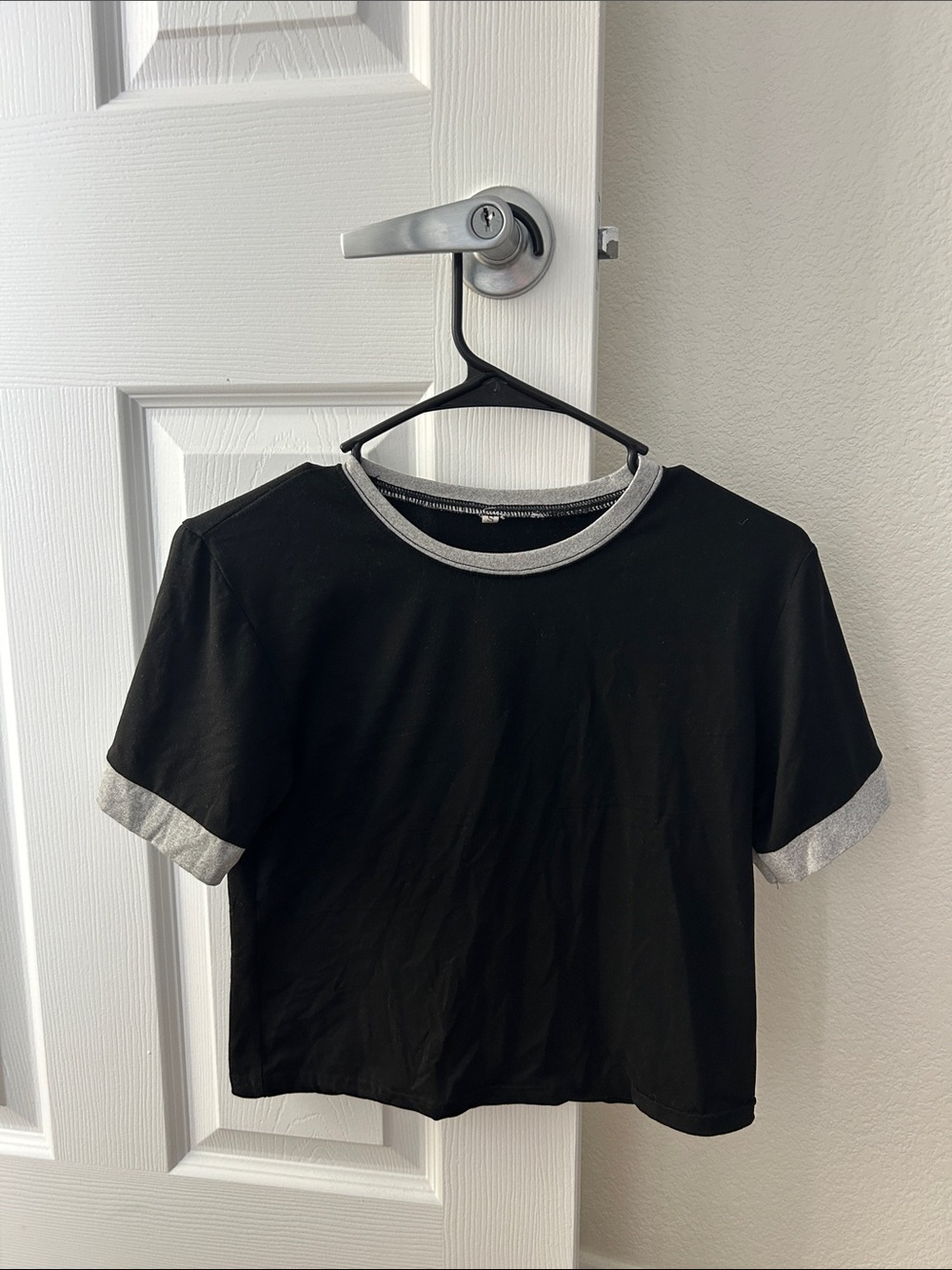 Women’s Black Cropped Ringer Tee with Heather Gray Trim